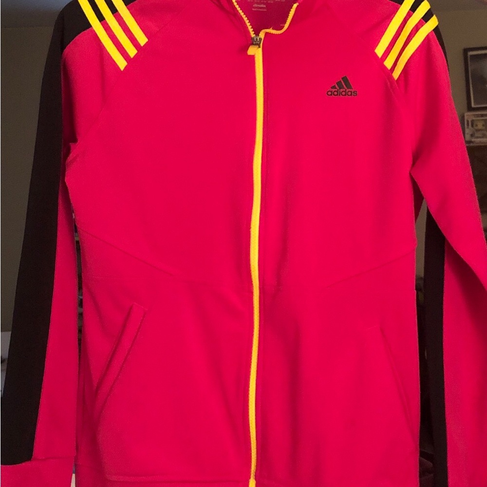 Adidas Women’s Originals Jacket. Medium, Pink w/Neon Yellow Stripes on Shoulder